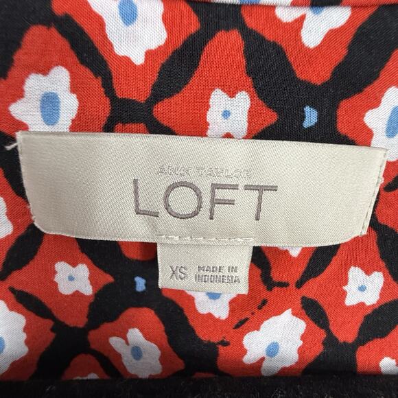 Loft Flutter Sleeve Tunic Dress size XS Red Floral Rayon Tassell Tie V Neck - Picture 8 of 9